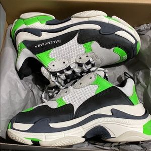 Balenciaga White Black Neon Green Triple S Sneakers